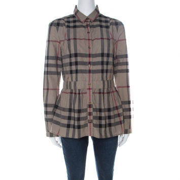 Pre Owned Burberry Beige Taupe Nova Check Cotton Peplum Style Button Down Shirt S  
