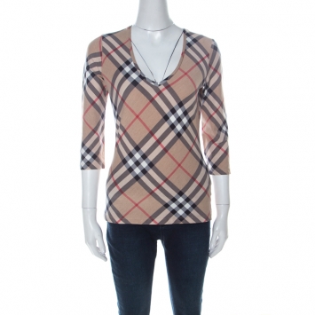 Pre Owned Burberry Beige Nova Check Cotton Stretch V Neck Three Quarter Sleeve Top S  