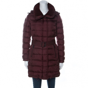 Pre Owned Burberry Brit Burgundy Down Filled Shearling Collar Winterleigh Puffer Coat S