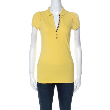 Pre Owned Burberry Yellow Cotton Puff Sleeve Polo T-Shirt S