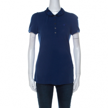 Pre Owned Burberry Brit Blue Honeycomb Knit Novacheck Collar Detail Polo T-Shirt M
