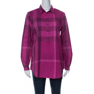 Pre Owned Burberry Fuchsia Pink Nova Check Cotton Half Placket Front Button Shirt S