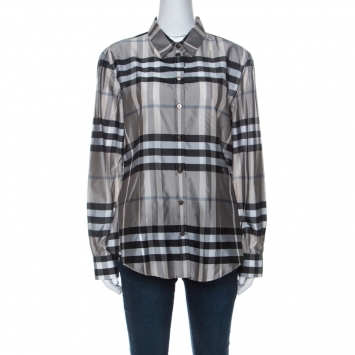 Pre Owned Burberry Grey Nova Check Silk Blend Slim Fit Button Front Shirt M