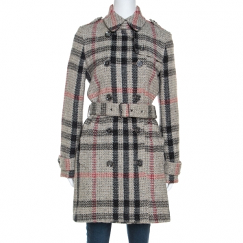Pre Owned Burberry Brit Beige Plaid Knit Wool Tweed Coat M