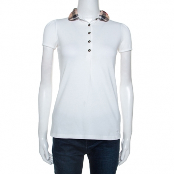 Pre Owned Burberry Brit White Cotton Pique Checked Collar Polo T-shirt S