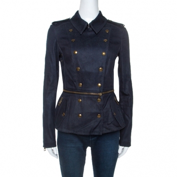 Pre Owned Burberry Indigo Denim Detachable Peplum Zip Detail Jacket S