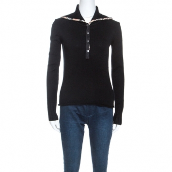 مملوكة مسبقًا Burberry Black Merino Wool Novacheck Trim Sweater XS