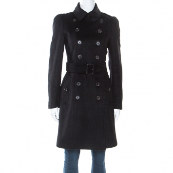 Pre Owned Burberry Black Cashmere Double Breasted Trench Coat S