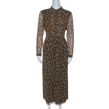 Pre Owned Burberry Brown Leaf Print Silk Long Sleeve Midi Dress M