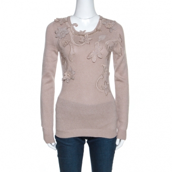 Pre Owned Burberry Beige Cashmere Floral Applique Sweater S