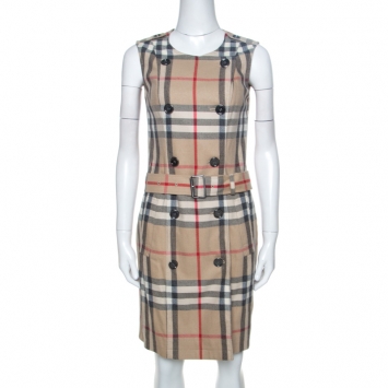 Pre Owned Burberry Brit Beige Checked Wool Double Breasted Shirt Dress S