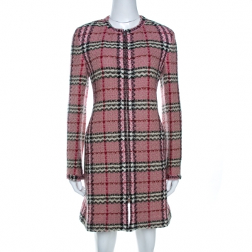 Pre Owned Burberry Pink Checkered Tweed Zip Front Sweater Dress S