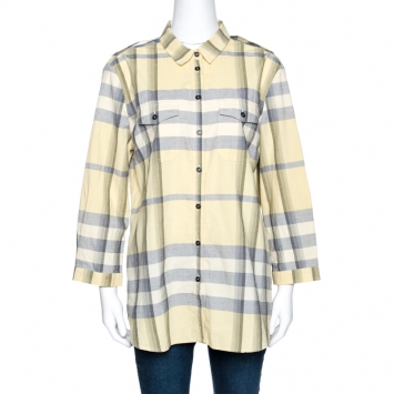 Pre Owned Burberry Brit Light Yellow Checked Cotton Long Sleeve Shirt XL