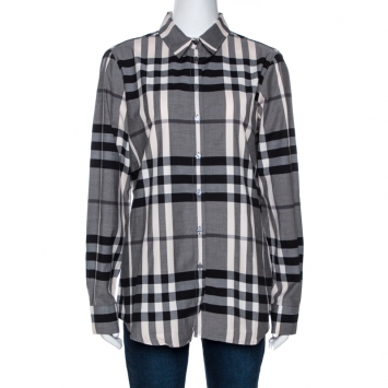 Pre Owned Burberry Grey Nova Check Stretch Cotton Long Sleeve Shirt M