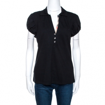 Pre Owned Burberry Black Cotton Puff Sleeve Polo T-Shirt XL