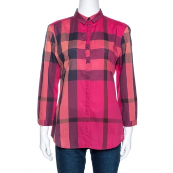 Pre Owned Burberry Brit Fuschia Pink Checked Cotton Gathered Detail Shirt S