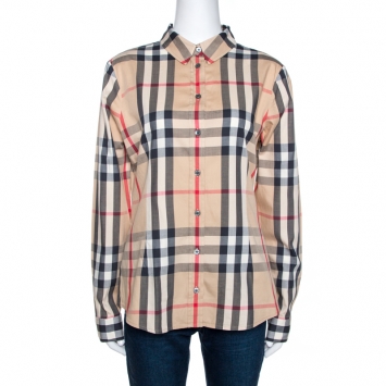 Pre Owned Burberry Brit Beige Nova Check Stretch Cotton Shirt L