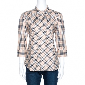 Pre Owned Burberry Beige Nova Check Cotton Three Quarter Sleeve Shirt L