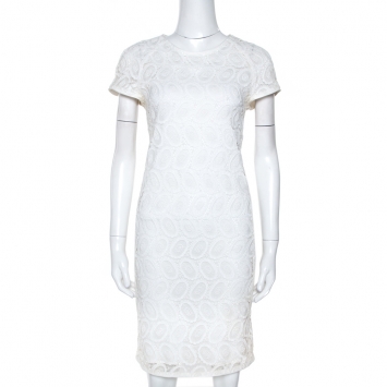 Pre Owned Burberry White Cotton Lace Shift Dress M