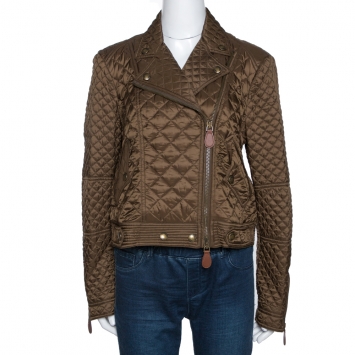 Pre Owned Burberry Military Green Quilted Synthetic Biker Jacket L