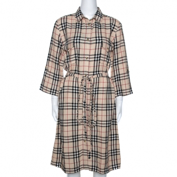 Pre Owned Burberry Beige Nova Check Linen Belted Shirt Dress L