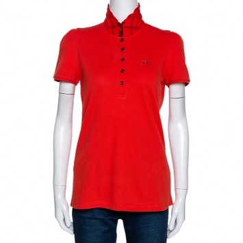 Pre Owned Burberry Brit Orange Honeycomb Knit Novacheck Collar Detail Polo T-Shirt M