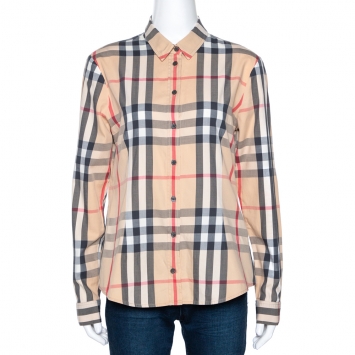 Pre Owned Burberry Brit Beige Nova Check Stretch Cotton Shirt L