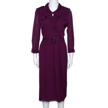 Pre Owned Burberry Purple Georgette Faux Wrap Trench Dress M