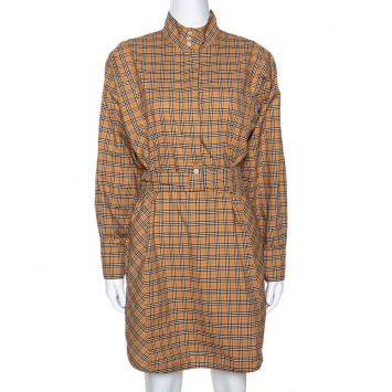 Pre Owned Burberry Beige House Check Cotton Belted Shift Dress S
