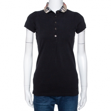 Pre Owned Burberry Black Cotton Pique Ruched Collar Polo T-Shirt S