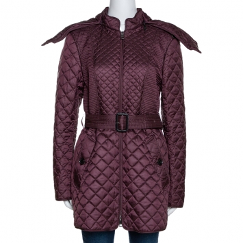 Pre Owned Burberry Burgundy Quilted Fur Lined Detachable Hood Detail Jacket M