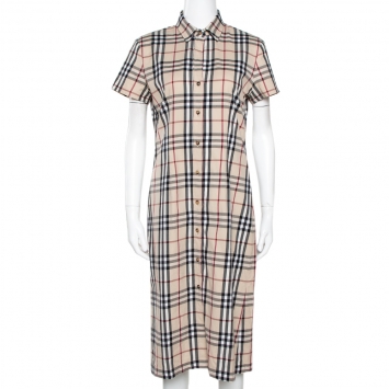Pre Owned Burberry Beige House Check Cotton Button Front Shirt Dress M