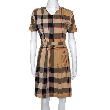 Pre Owned Burberry Brit Beige Giant Checked Cotton Belted Dress S