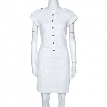 Pre Owned Burberry Brit White Cotton Cutout Pattern Button Front Dress M