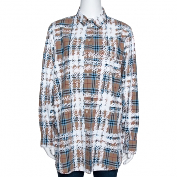 Pre Owned Burberry Dark Beige Scribbled Check Cotton Long Sleeve Shirt M