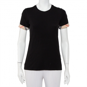 Pre Owned Burberry Brit Black Cotton Check Sleeve Cuff Detail Crewneck T-Shirt M