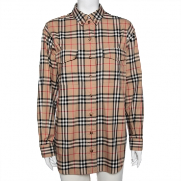 Pre Owned Burberry Beige Vintage Check Cotton Oversized Shirt S