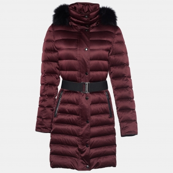 Pre Owned Burberry Burgundy Fox Fur Trim Abbeydale Down Puffer Coat M