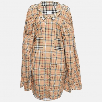 Pre Owned Burberry Beige Vintage Checked Wrap Sleeve Shirt Dress M