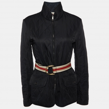 Pre Owned Burberry Black Quilted Zip Up Belted Jacket S