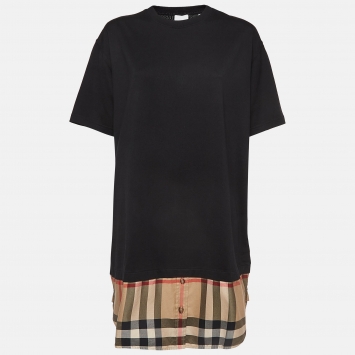 Pre Owned Burberry Black Cotton Knit Tartan Panel Oversized T-shirt Dress L