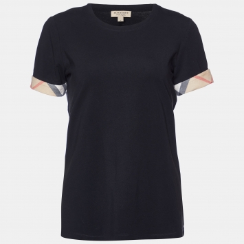 Pre Owned Burberry Black Cotton Check Cuff Crew Neck T-Shirt M