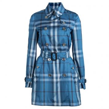 Pre Owned Burberry Brit Blue Checked Double Breasted Belted Trench Coat S