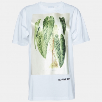Pre Owned Burberry White Cotton Botanical Sketch Appliqued T-Shirt XS