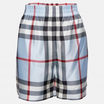 Pre Owned Burberry Blue Checked Silk Elasticised Waist Shorts M