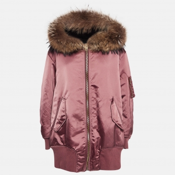 Pre Owned Burberry Burgundy Fur Trimmed Synthetic Hooded Jacket XL