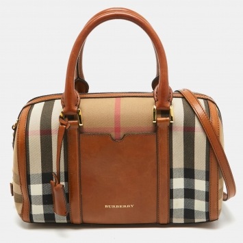 Pre Owned Burberry Brown Ochre House Check Fabric Medium Sactorial Alchester Bowler Bag