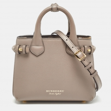 Pre Owned Burberry Beige House Check Fabric and Leather Mini Banner Tote