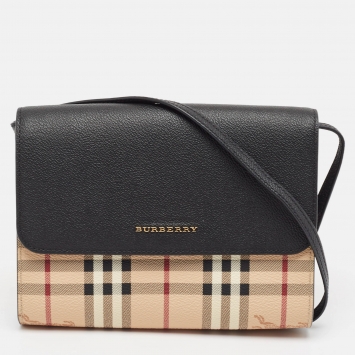 Pre Owned Burberry Black/Beige Haymarket PVC and Leather Loxley Crossbody Bag