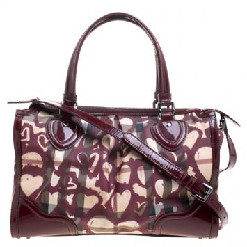 Pre Owned Burberry Burgundy PVC and Patent Leather Heart Pilgrim Satchel